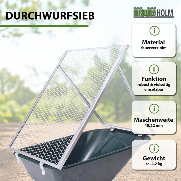 Feuerverzinktes Trutzholm Durchwurfsieb für Schubkarren mit 40 mal 22 Millimeter Maschenweite und einem Gewicht von circa 4,2 Kilogramm.