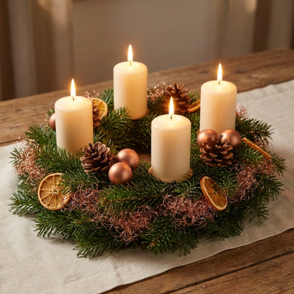Adventskranz mit vier brennenden Stumpenkerzen geschmückt mit Tannenzweigen, Zapfen, getrockneten Orangenscheiben und Weihnachtskugeln.