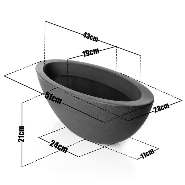 BigDean Pflanzschale - ovale Wasserschale - 51x23x20 cm - Stabiler Kunststoff - Stein-Optik anthrazit - Brunnenschale für Miniteich - Grabschale