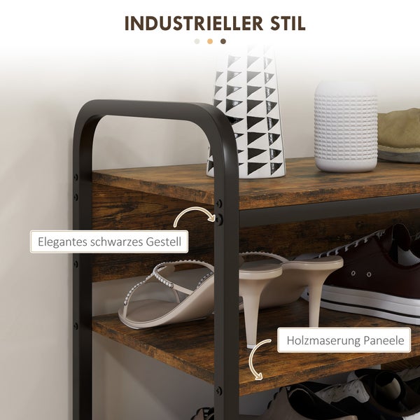 HOMCOM Schuhregal mit 4 Ebenen, Schuhablage mit Griff, Schuhständer für 11 Paar Schuhe, Platzsparend Schuhaufbewahrung, Schuh-Organizer für Eingang, Flur, Rustikal-Braun