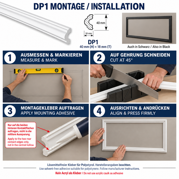 Montageanleitung für DP1 Zierleisten mit vier Schritten vom Messen über Schneiden auf Gehrung bis zum Kleben und Ausrichten an der Wand.