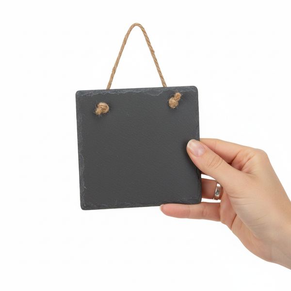 Quadratische Schiefertafel mit Juteschnur zum Aufhängen, gehalten von einer Hand.