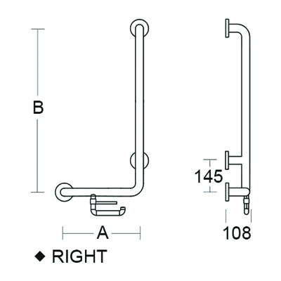 Technische Zeichnung eines L-förmigen Haltegriffs für die rechte Seite mit integriertem Toilettenpapierhalter und Maßangaben.