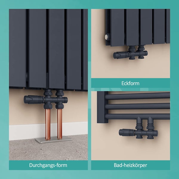 EMKE Heizkörperthermostat Multiblock-Set – Anschlussarmatur mit Thermostat für Heizkörper und Handtuchtrockner, Heizungszubehör in Eck- und Durchgangsform φ16xG1/2 und φ15xG1/2, Anthrazit