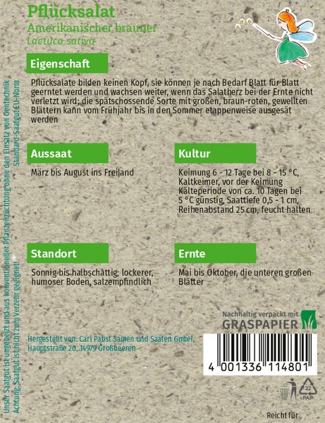 Rückseite der Samenpackung für Pflücksalat Amerikanischer brauner mit Informationen zu Aussaat, Kultur, Standort und Ernte.