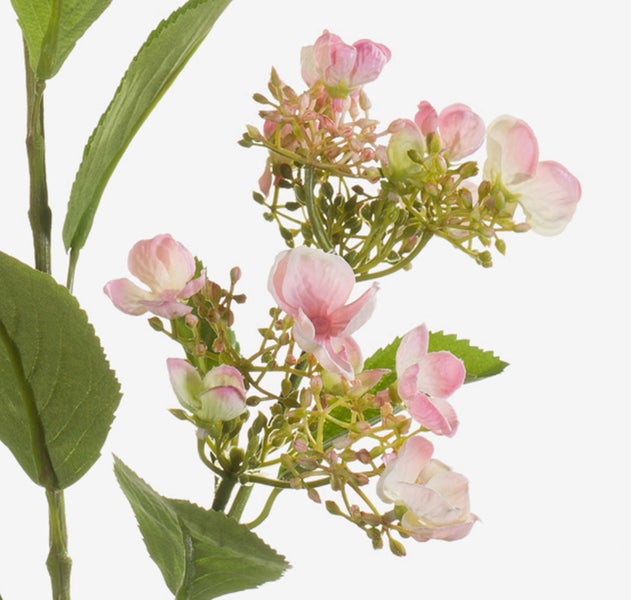 Künstlicher Blütenzweig mit rosa Blüten und grünen Blättern.