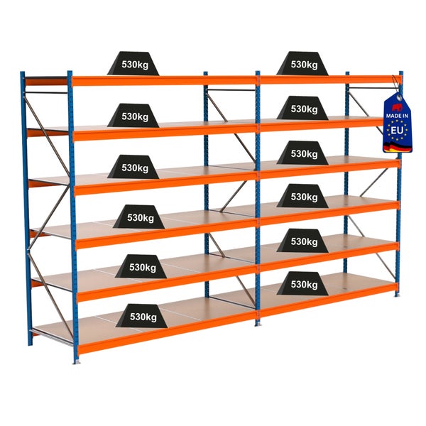 Lagerregal mit mehreren Ebenen und einer Traglast von 530 Kilogramm pro Ebene