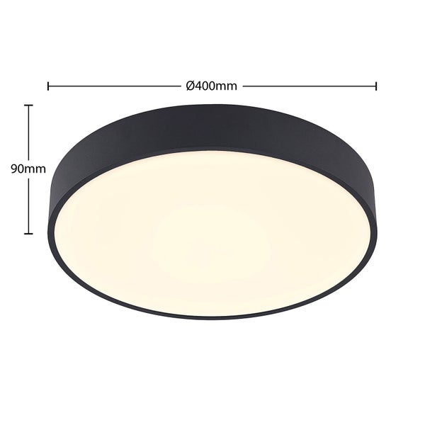 Runde Deckenleuchte mit schwarzem Rahmen und weißer Abdeckung, Durchmesser 400 Millimeter, Höhe 90 Millimeter.