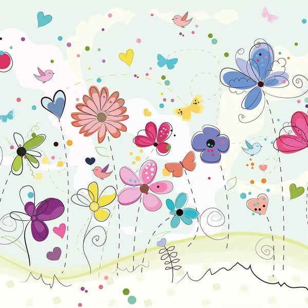 Bunte Vliestapete mit illustrierten Blumen, Schmetterlingen, Vögeln und Herzen in verspieltem Design für das Kinderzimmer.