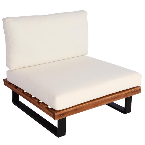 Garten-Loungesessel-Modul mit Holzbasis, Metallbeinen und hellen Polstern.