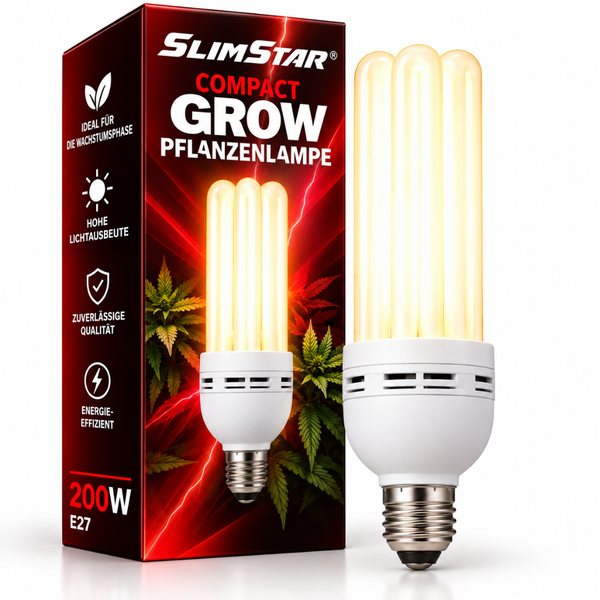 SlimStar Compact Grow Pflanzenlampe mit E27 Fassung, 200 Watt, ideal für die Wachstumsphase von Pflanzen.