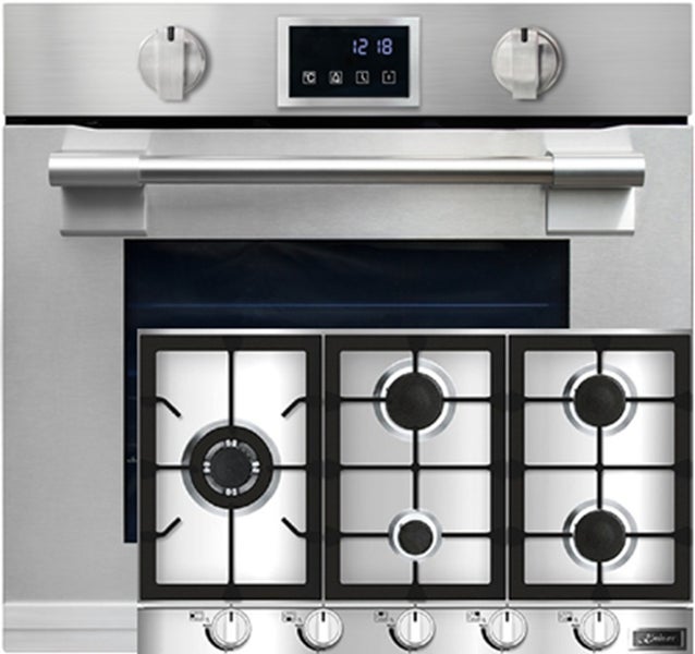 Einbau-Backofen mit Edelstahlfront und darunter platziertem Gaskochfeld mit fünf Kochstellen.