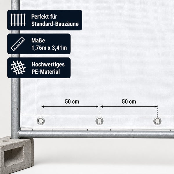 Bauzaunblende aus Polyethylen mit Oesenabstand von 50 Zentimetern fuer Standard Bauzaeune mit den Massen 1,76 Meter mal 3,41 Meter.