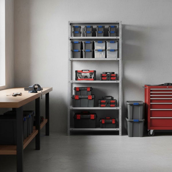 Organisierte Werkstatt mit Metallregal voller Aufbewahrungsboxen, einer Werkbank mit Schraubstock und einem roten Werkstattwagen.