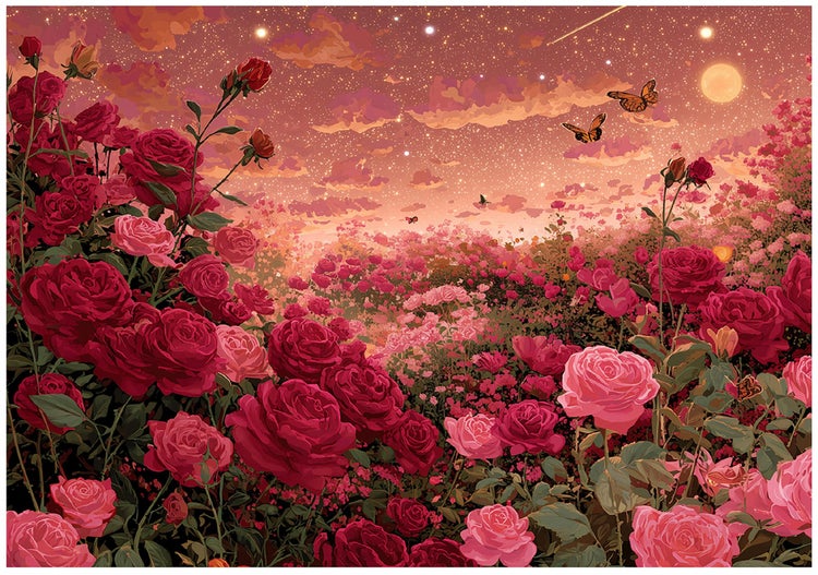 Illustration eines Rosenfeldes unter einem Sternenhimmel