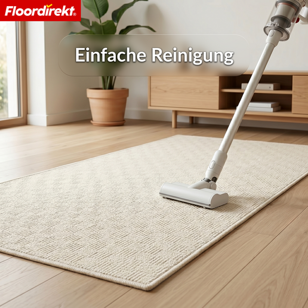 Einfache Reinigung eines strukturierten Teppichs in einem hellen Wohnzimmer mit einem Staubsauger. Floordirekt Logo.