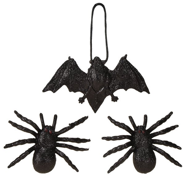 Dekorative Halloween-Figuren: Fledermaus zum Aufhängen und zwei Spinnen