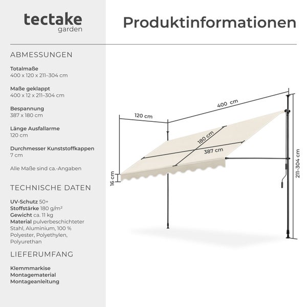 Klemmmarkise von tectake garden mit technischen Daten: Breite 400 cm, Höhe 211 bis 304 cm, UV-Schutz 50 plus.