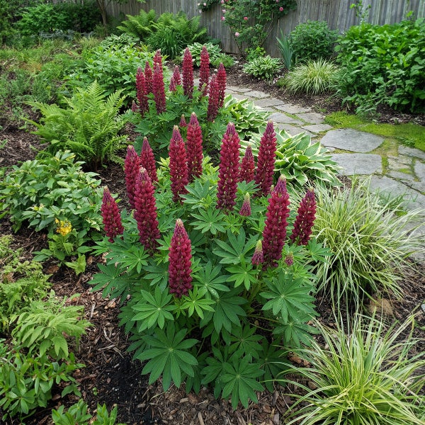 Dunkelrosa Lupinen mit hohen Blütenähren und gefingerten Blättern in einem Gartenbeet neben einem Steinweg und Farnen.
