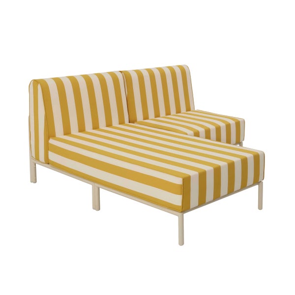 Modernes Garten-Lounge-Sofa mit gelb-weiß gestreiften Polstern und Metallgestell, bestehend aus zwei Modulen.