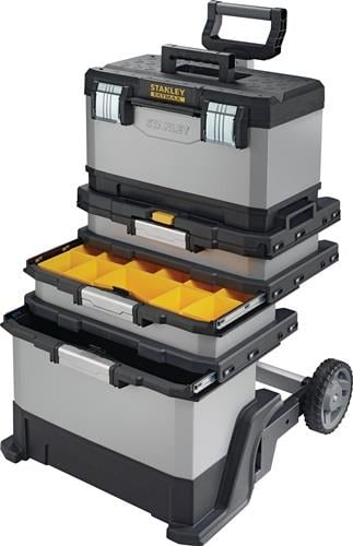 Stanley Fatmax fahrbare Werkstatt in Schwarz und Grau mit gelben Kleinteilefächern, mehreren Modulen, Schubladen und Rollen.