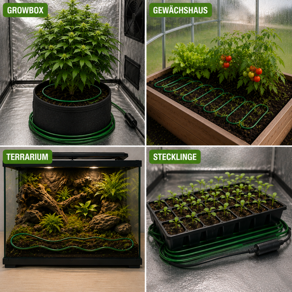 Vier Anwendungsbeispiele für eine grüne Heizmatte zur Bodenwärme in Growbox, Gewächshaus, Terrarium und für Pflanzenstecklinge.