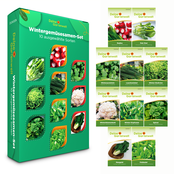 Wintergemüsesamen-Set von Deine Gartenwelt mit 10 verschiedenen Sorten wie Radieschen, Pak Choi, Spinat und Feldsalat in einer Packung.