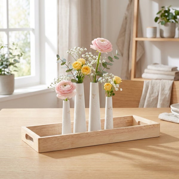 Set aus vier weißen Vasen auf einem hölzernen Serviertablett mit Blumen in einem hellen, wohnlich eingerichteten Raum.