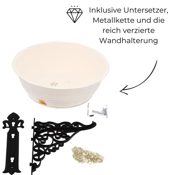 Pflanzenampel Hängeschale Blumenampel Hängeampel inkl. Kette und Wandhalterung Rattan Optik weiß