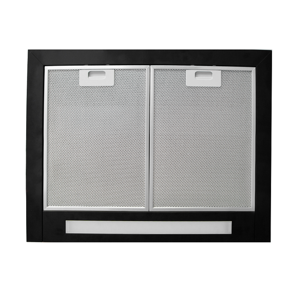 Unterseite einer Dunstabzugshaube mit zwei Metallfettfiltern und einer Lichtleiste in einem schwarzen Rahmen.