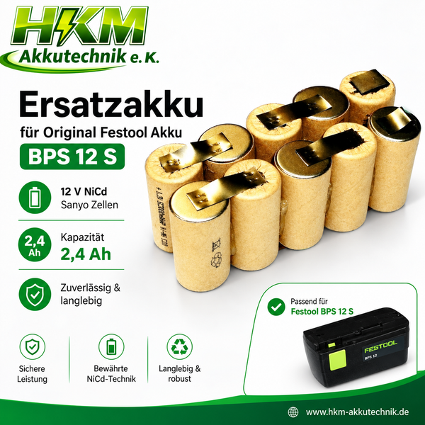 HKM Akkutechnik Ersatzakku für Festool BPS 12 S mit 12 Volt Nickel Cadmium Sanyo Zellen und 2,4 Amperestunden Kapazität.