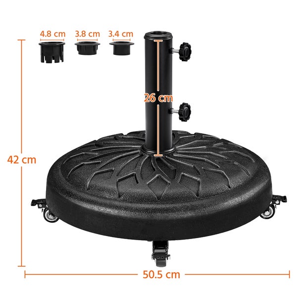 Sonnenschirmständer mit Rollen und verschiedenen Adaptern für unterschiedliche Schirmstockdurchmesser, Maße sind angegeben