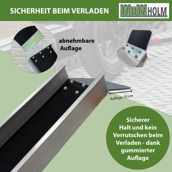 Trutzholm Auffahrrampe mit zehn Zentimeter breiter Auflage und rutschfester Gummierung für sicheres Verladen von Motorrädern.
