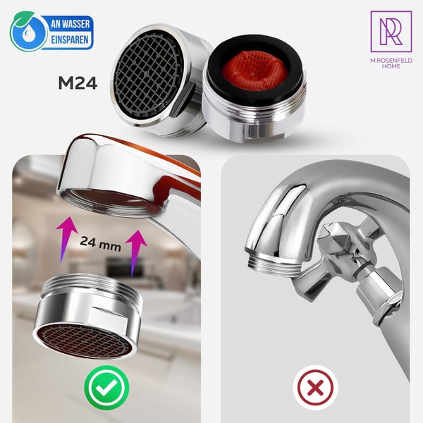 Sehr Wassersparend Strahlregler M24 Wasserfluss 5 l/min - High Tech Anti Kalk Wasserhahn Sieb mit Kugelförmige Filter - Luftsprudler aus Verchromten Messing - Aufsatz Strahlregler für Wasserhähne