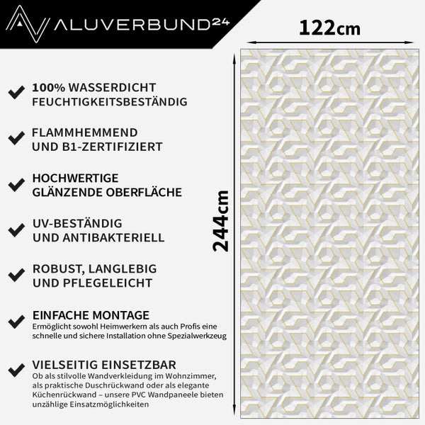 Aluverbund24 Wandpaneel aus PVC mit 3D-Geometriemuster, Maße 244 mal 122 Zentimeter, wasserfest, flammhemmend und glänzend.