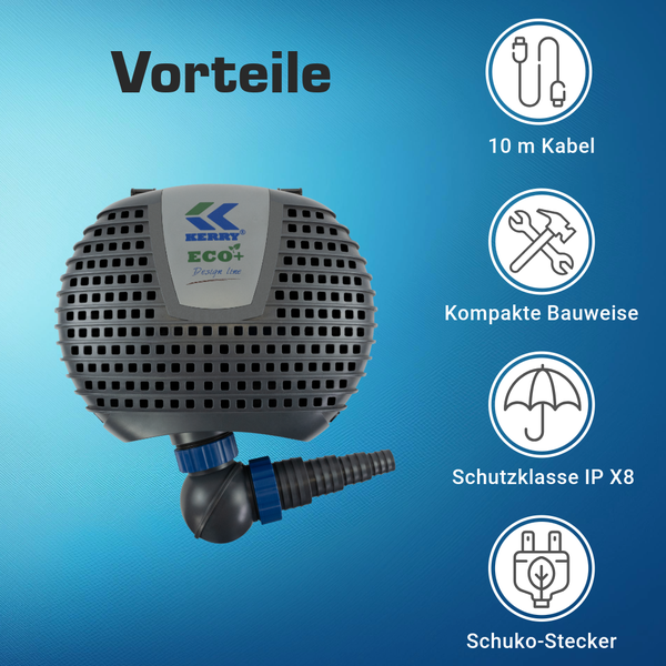 Kerry Eco plus Teichpumpe mit 10 Meter Kabel, kompakter Bauweise, Schutzklasse IP X8 und Schuko-Stecker.