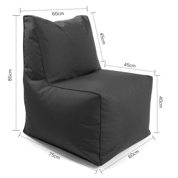 Abbildung eines schwarzen Sitzsacks mit den Maßen 85 cm Höhe, 60 cm Breite und 75 cm Tiefe