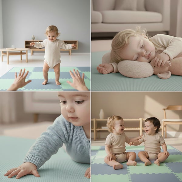 Collage mit Kleinkindern auf einer weichen Puzzlematte aus Schaumstoff im hellen Wohnzimmer, ideal zum sicheren Spielen und Krabbeln.