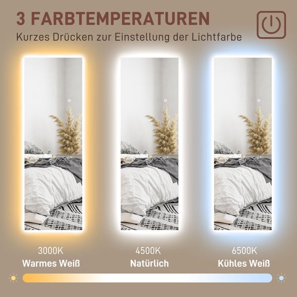 HOMCOM Ganzkörperspiegel 40 x 120 cm Standspiegel mit LED Lichte, Wandspiegel mit Touch-Steuerung, rahmenlos Bodenspiegel, für Schlafzimmer, Wohnzimmer