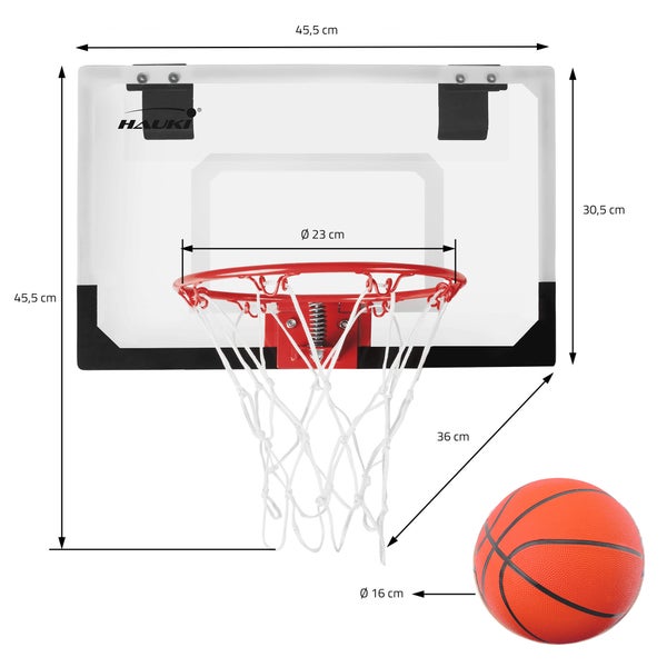Hauki Mini Basketballkorb fürs Zimmer im Set 3 Bälle Ø16cm, Netz, Pumpe, 45,5x30,5 cm, Weiß, tragbar, Backboard Tür/Wandmontage, ohne Bohren, Indoor Basketball Hoop hängend, Hängebrett Basketballbrett