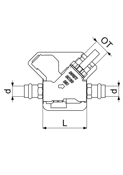 Technische Zeichnung einer Armatur mit Maßangaben für Durchmesser, Länge und Oberteil sowie Nennweite 20 und Prüfzeichen.