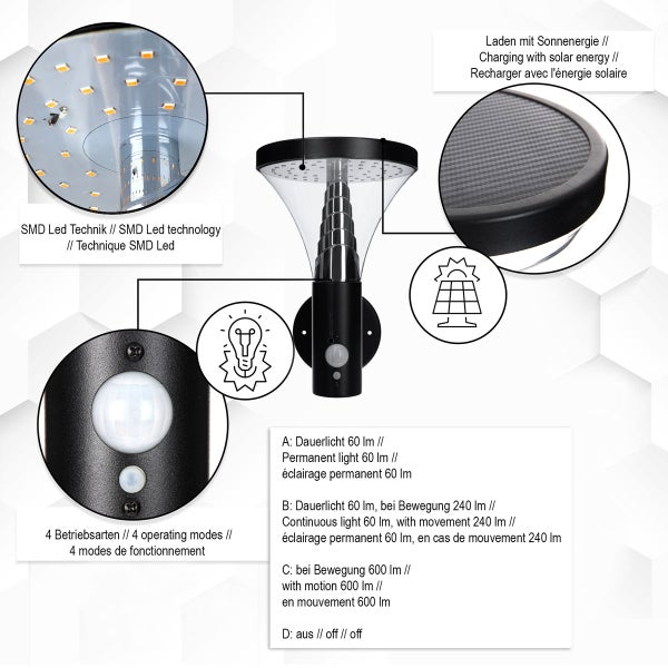 Solar Wandleuchte Durazzo schwarz 600 lm Bewegungsmelder + Dauerlicht 11028