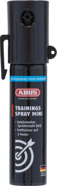 Schwarzes ABUS Trainingsspray Mini ohne Reizstoff mit Halteclip, gebündeltem Sprühstrahl bis 3 Meter Reichweite, ABUS Logo, Hergestellt in Deutschland.