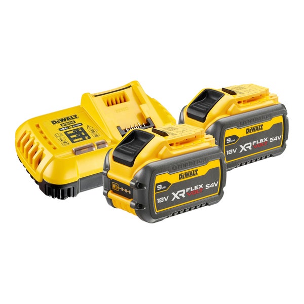 DeWalt Akku Starter-Set mit Schnellladegerät DCB118 und zwei XR Flexvolt Akkus 18 Volt 54 Volt 9 Amperestunden.