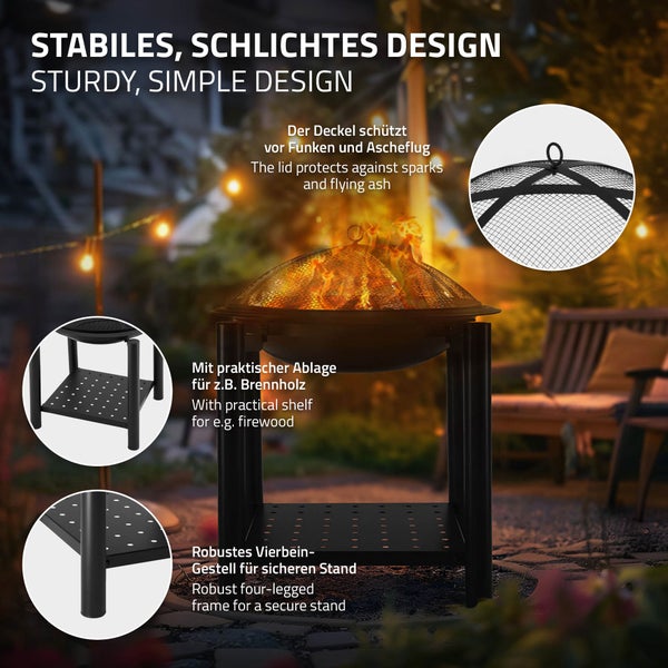 ECD Germany Feuerschale mit Funkenschutz & Grillrost, aus Stahl, Ø55 cm, robust, stabil & rostbeständig, für Garten/Heizung/BBQ, 2in1 Grill Feuerstelle Feuerkorb Feuerhaken Funkenfluggitter Schürhaken