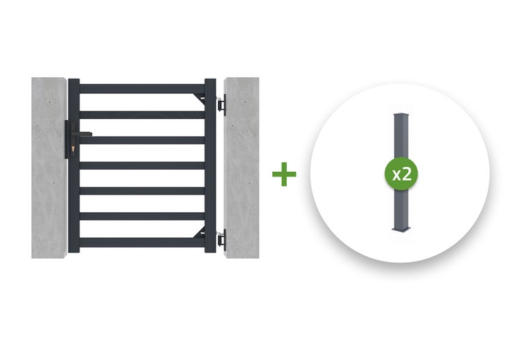 Anthrazitfarbenes Gartentor aus Metall mit horizontalen Streben und zwei Pfosten.