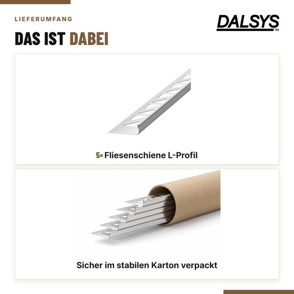 Lieferumfang von Dalsys: 5 Fliesenschienen als L-Profil, sicher verpackt in einer stabilen Kartonrolle.