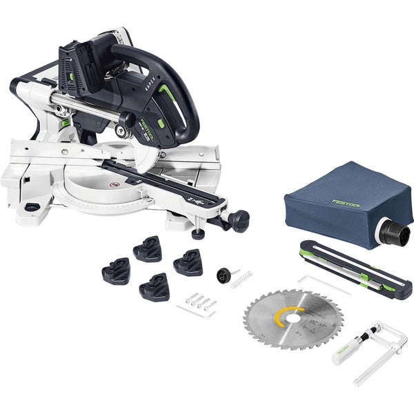 Festool Akku-Kapp-Zugsäge Kapex KSC 60 mit Sägeblatt, Schraubzwinge, Staubfangbeutel, Winkelschmiege und Montagematerial.