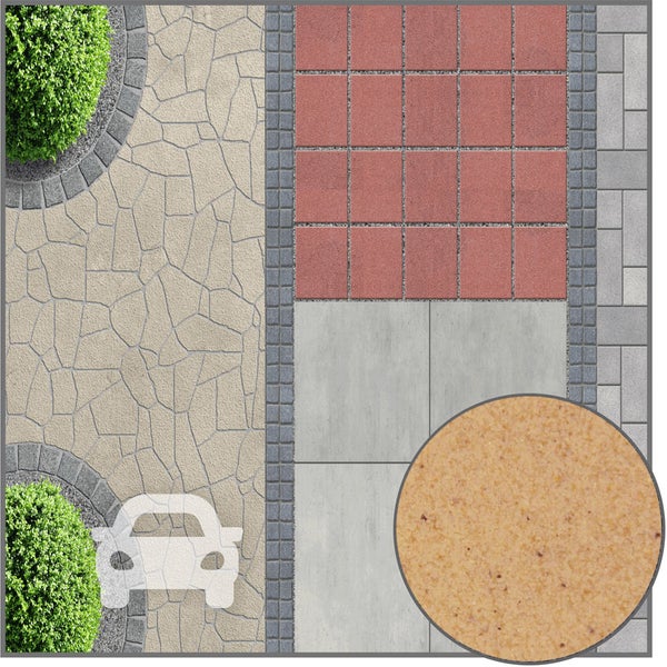 Draufsicht auf verschiedene Pflastersteine und Gartenplatten mit einer Detailansicht von Fugensand, geeignet für befahrbare Flächen.