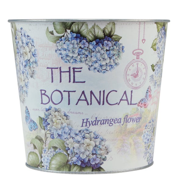 Dekorativer Übertopf mit Hortensienblüten und botanischen Motiven